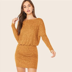 Burgundy Batwing Sleeve Rib-knit Blouson Dress Women Autumn Boat Neck Long Sleeve Ladies Fitted Elegant Mini Dresses