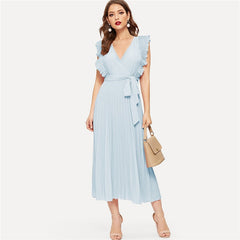 Soild Ruffle Trim Wrap Knot Summer Dress With Belt Women Clothes A Line High Waist Maxi Dress Ladies Pleated Dresses