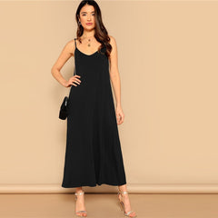 Pocket Patched Swing Cami Summer Dress Women Clothes Solid Casual Sleeveless Straight Maxi Dress Ladies Black Dress