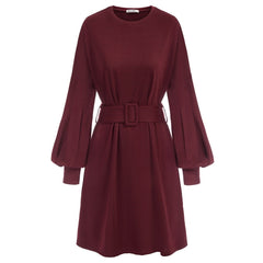 Grace Karin Summer Mini Dresses Women Belt Sashes Dress Long Lantern Sleeves Crew Neck Solid Color Retro Ladies A-Line Dress