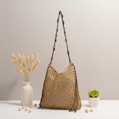 Straw beach bag for women woven bag with lace up pattern