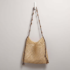 Straw beach bag for women woven bag with lace up pattern