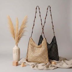 Straw beach bag for women woven bag with lace up pattern