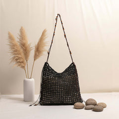 Straw beach bag for women woven bag with lace up pattern