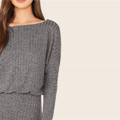Burgundy Batwing Sleeve Rib-knit Blouson Dress Women Autumn Boat Neck Long Sleeve Ladies Fitted Elegant Mini Dresses