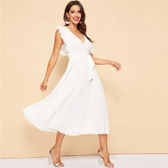 Soild Ruffle Trim Wrap Knot Summer Dress With Belt Women Clothes A Line High Waist Maxi Dress Ladies Pleated Dresses
