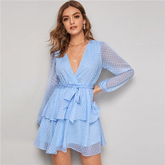 Purple Deep V Neck Double Layer Hem Swiss Dot Dress Women Autumn Bishop Sleeve Sexy Ladies Belted Short Dresses