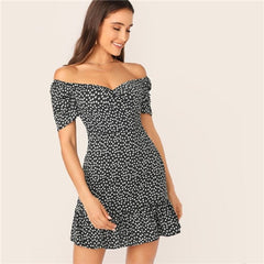 Green Off Shoulder Wrap Front Ruffle Hem Ditsy Floral Mini Dress Women Summer Puff Sleeve High Waist Boho Slim Dresses