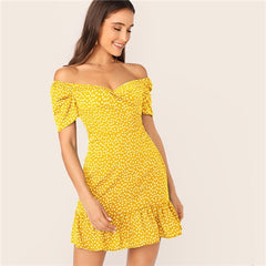 Green Off Shoulder Wrap Front Ruffle Hem Ditsy Floral Mini Dress Women Summer Puff Sleeve High Waist Boho Slim Dresses