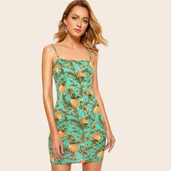 Allover Pineapple Tropical Print Cami Dress Multicolor Sleeveless Sheath Mini Dresses Women Summer Vacation Beach Dress