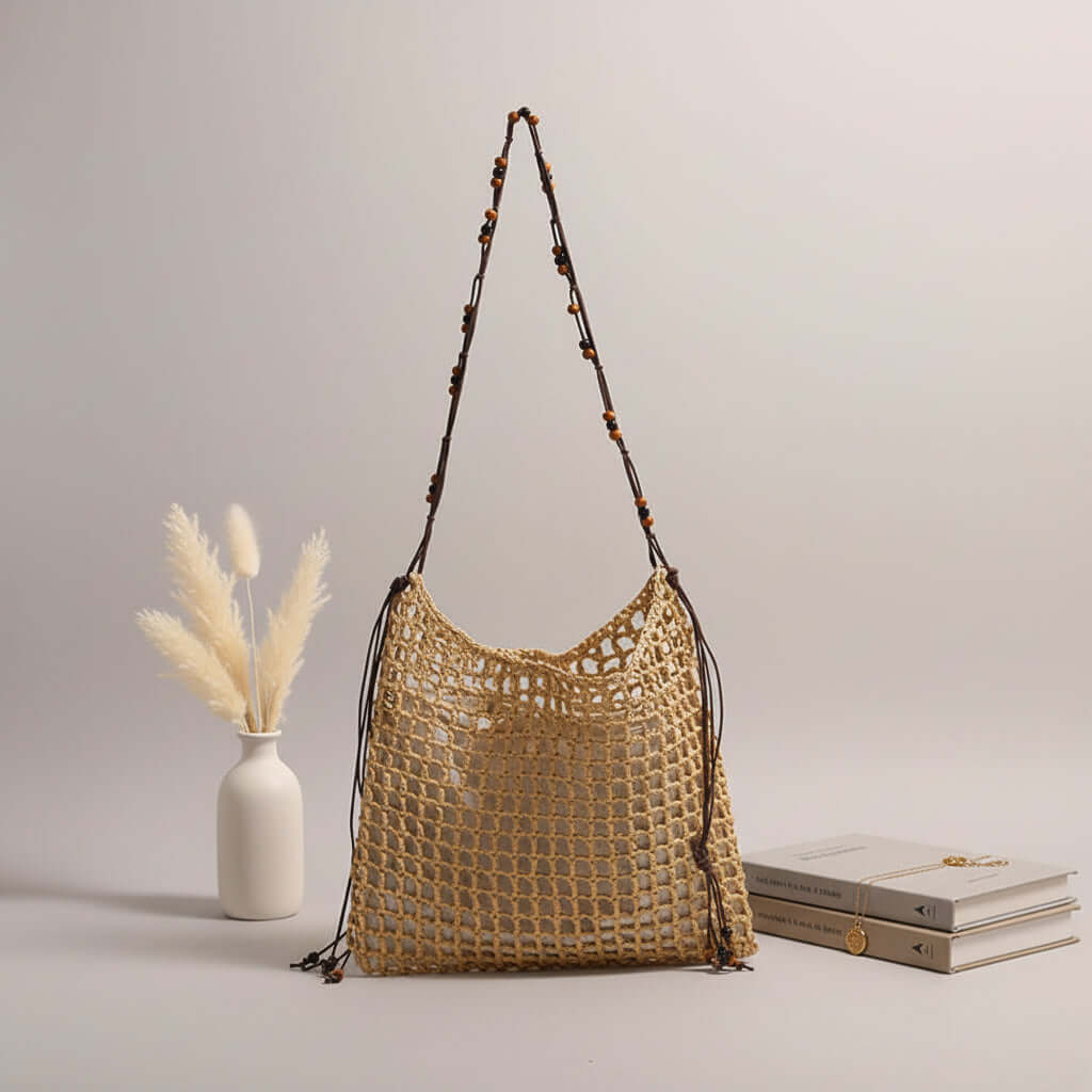 Straw beach bag for women woven bag with lace up pattern