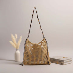 Straw beach bag for women woven bag with lace up pattern