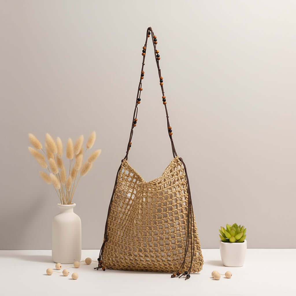 Straw beach bag for women woven bag with lace up pattern