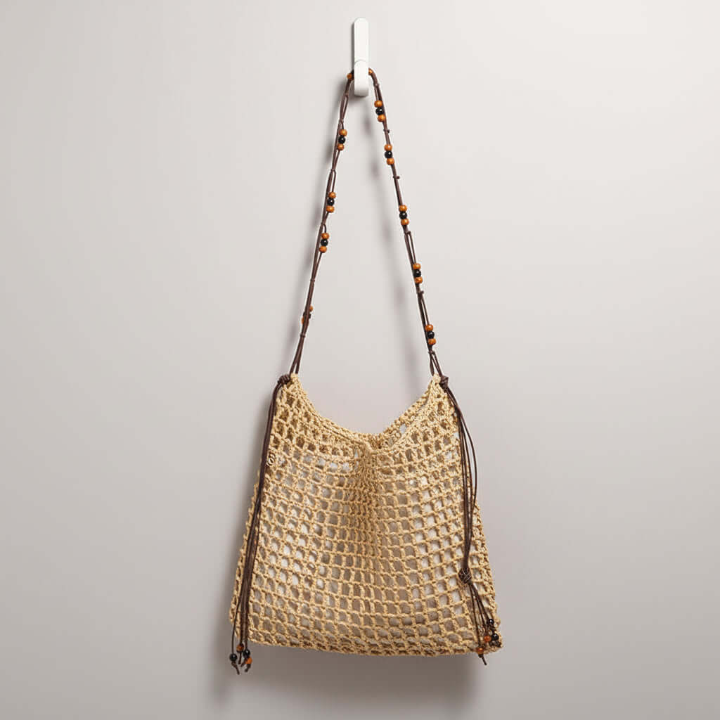 Straw beach bag for women woven bag with lace up pattern