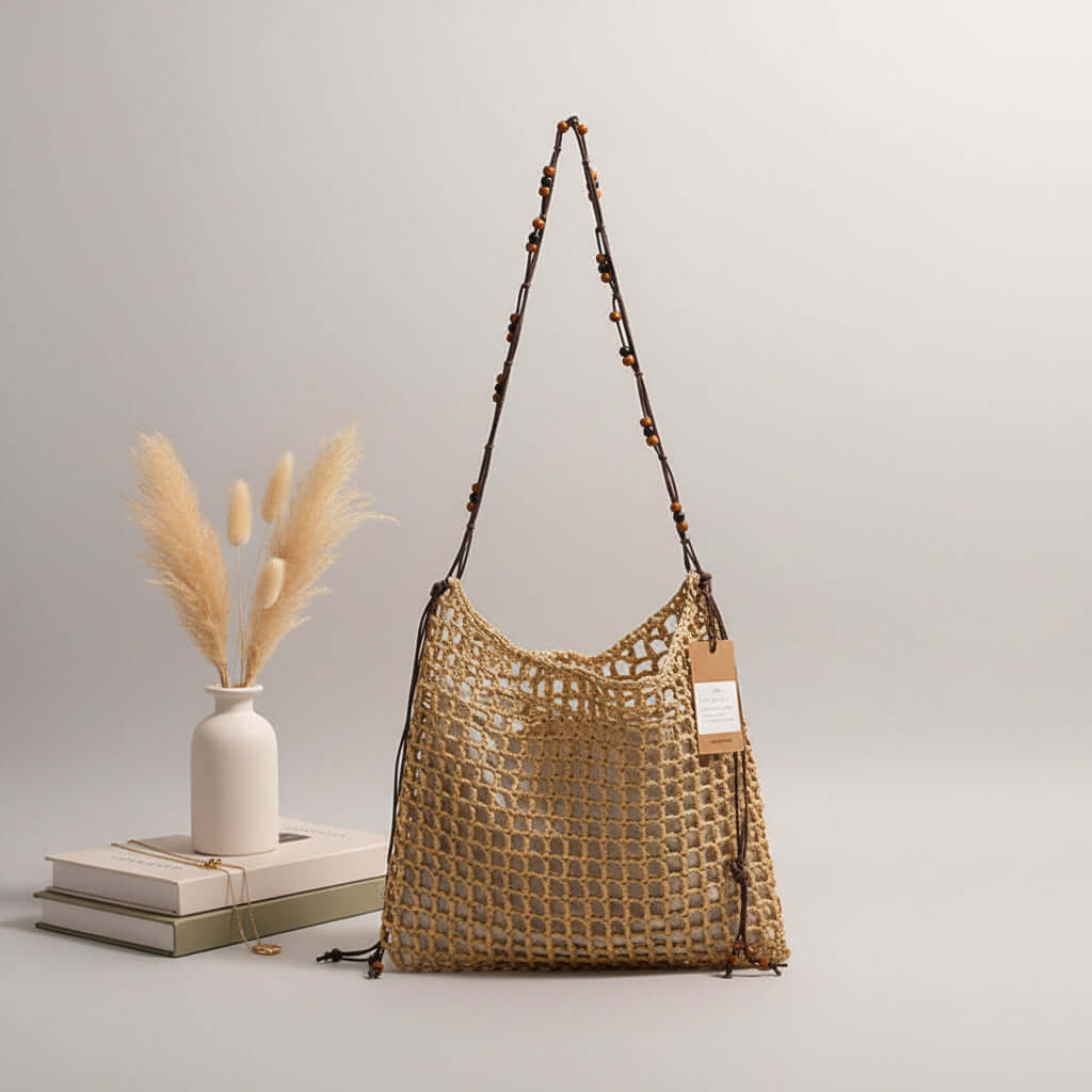 Straw beach bag for women woven bag with lace up pattern
