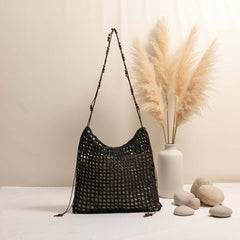 Straw beach bag for women woven bag with lace up pattern