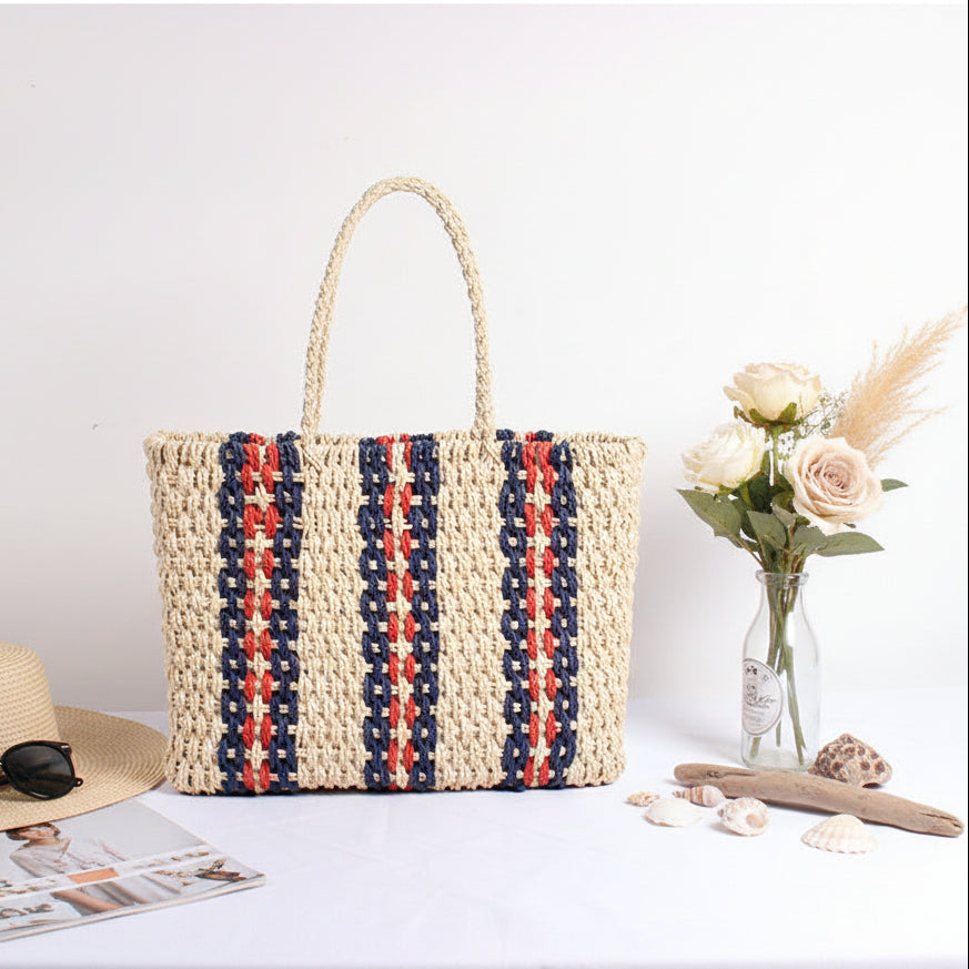 Striped woven beach bag Travel Vacation Women Striped One Shoulder bag